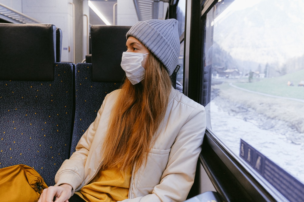 Woman wearing a face mask on the train