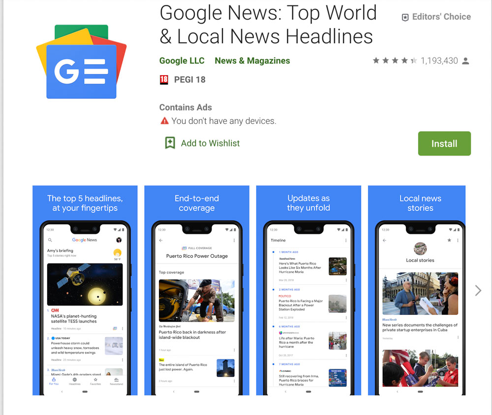 Google News app for mobile and tablet