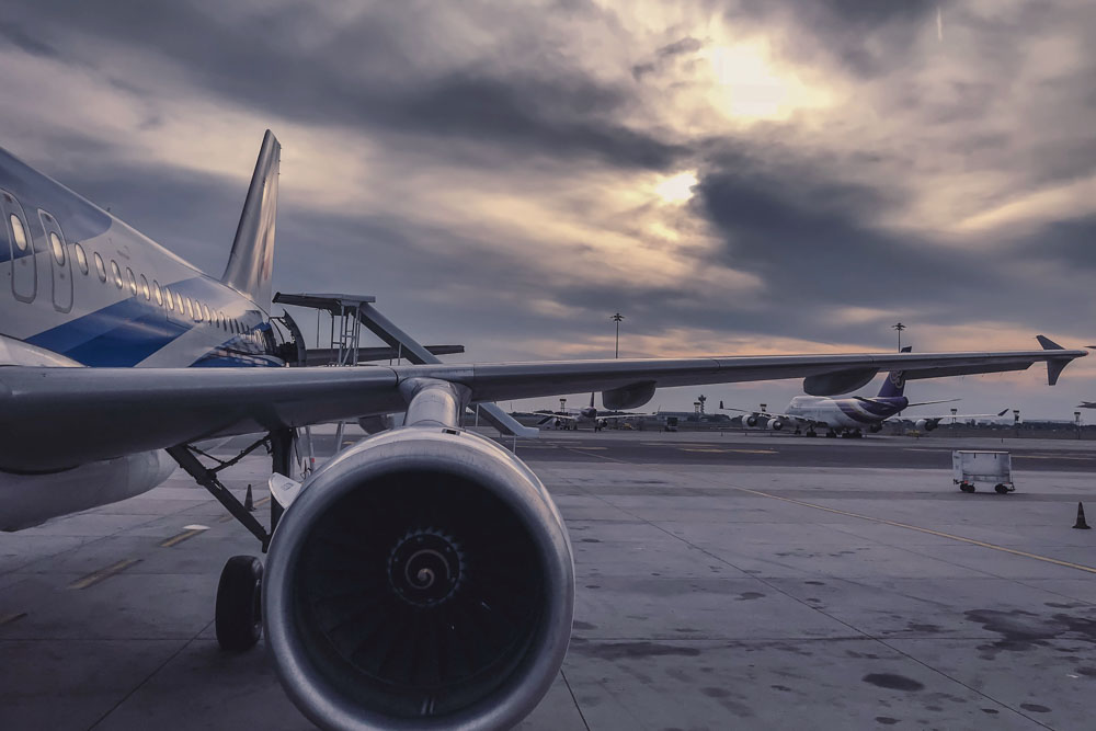 Airport, airplane, evening sky